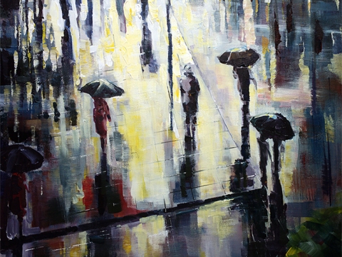 sunshine on a rainy day abstract expressionism, city landscape painting